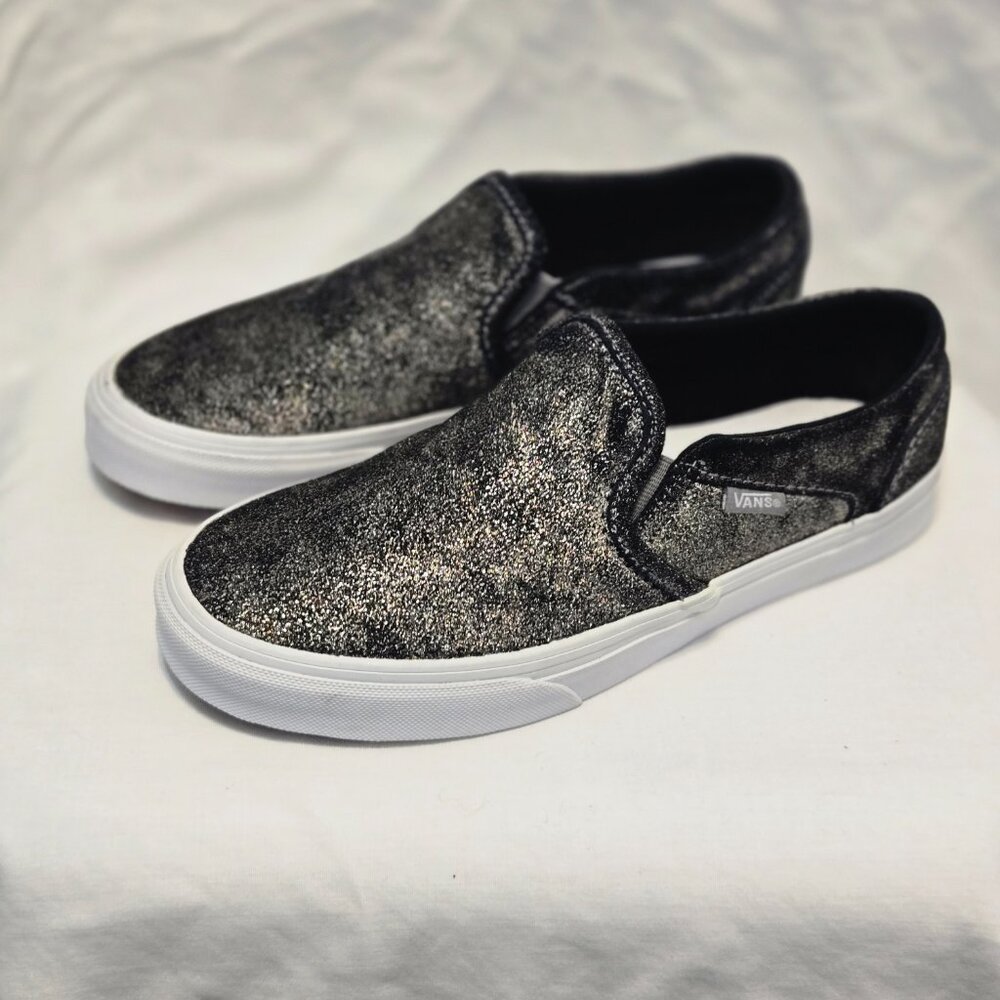 Vans Slip On Silver/Black Sparkly Shoes  Womens Sz 7.5